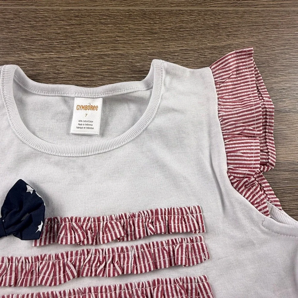 Gymboree Girls White Patriotic Ruffle Bow Sleeveless Top 7 NWT American Flag
